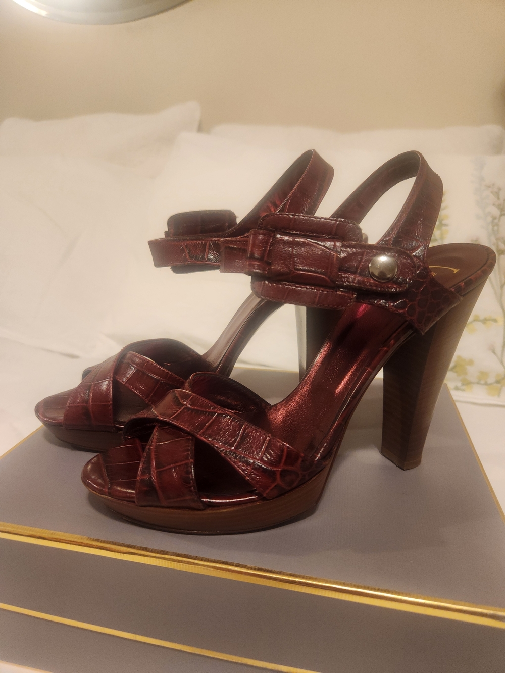 Roberto Cavalli Metallic Burgundy Croc-Embossed Platform Heels